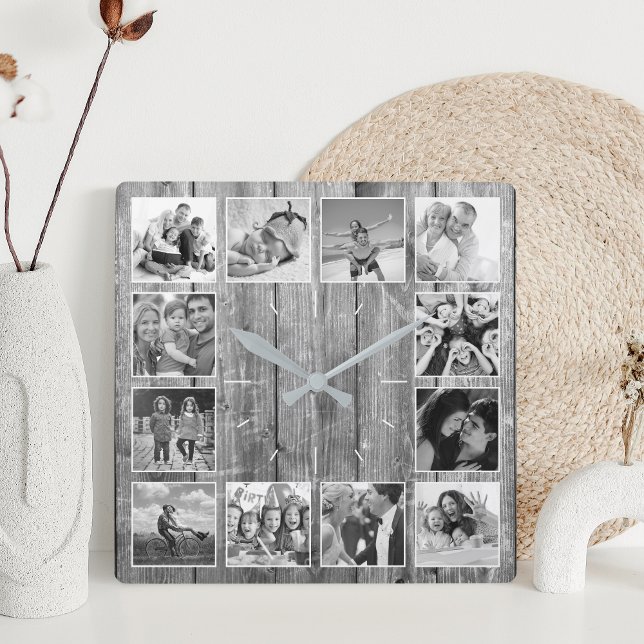 Horloge Carrée Create Your Custom Photo Collage Rustic Farmhouse (Créateur téléchargé)