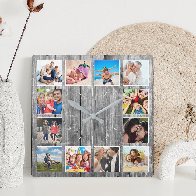 Horloge Carrée Create Your Custom Photo Collage Rustic Farmhouse (Créateur téléchargé)