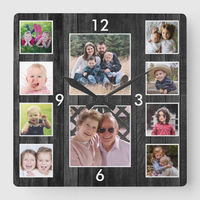 Horloge Carrée Create Your Own 10 Photo Collage Black Wood (Recto)