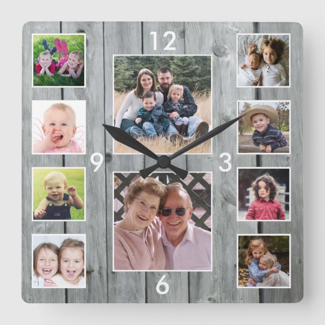 Horloge Carrée Create Your Own 10 Photo Collage Gray Wood (Recto)