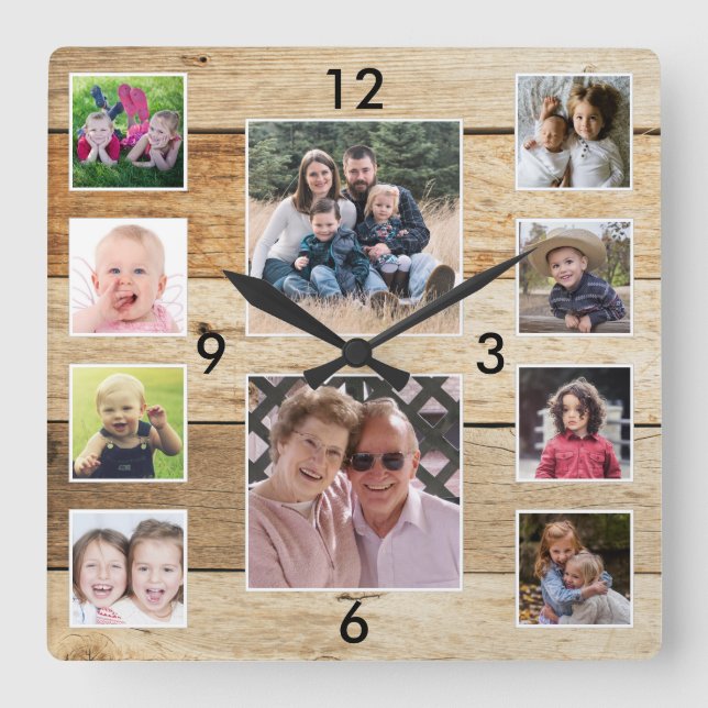 Horloge Carrée Create Your Own 10 Photo Collage Natural Wood (Recto)