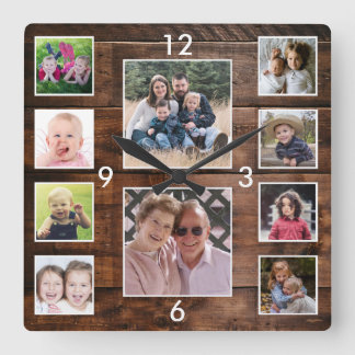 Horloge Carrée Create Your Own 10 Photo Collage Reclaimed Wood