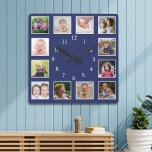 Horloge Carrée Create Your Own 12 Family Photo Collage Blue<br><div class="desc">Create your own photo collage wall clock with 12 of your favorite pictures. The photo frame clock  helps you treasure your special moments and also makes a thoughtful gift for parents, grandparents and friends. The personalized family clock makes it a perfect gift for all occasions</div>