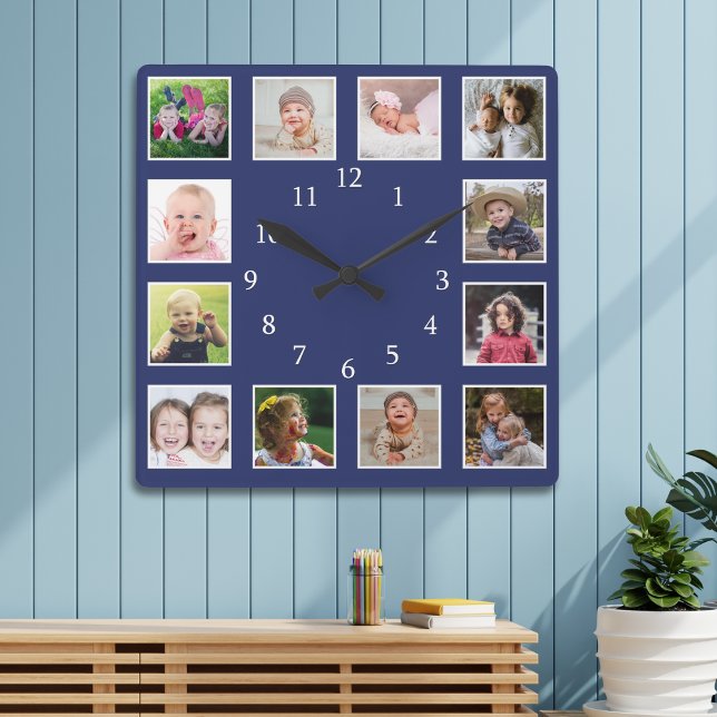 Horloge Carrée Create Your Own 12 Family Photo Collage Blue (Créateur téléchargé)