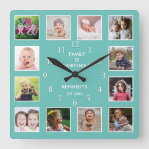 Horloge Carrée Create Your Own 12 Family Photo Collage Teal