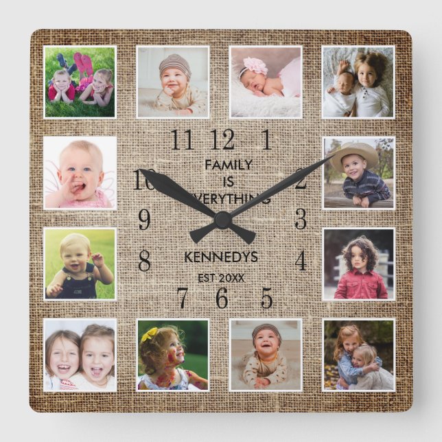 Horloge Carrée Create Your Own 12 Photo Collage Frame Burlap (Recto)