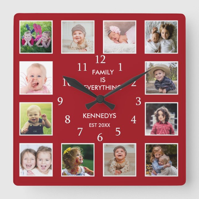 Horloge Carrée Create Your Own 12 Photo Collage Frame Red (Recto)