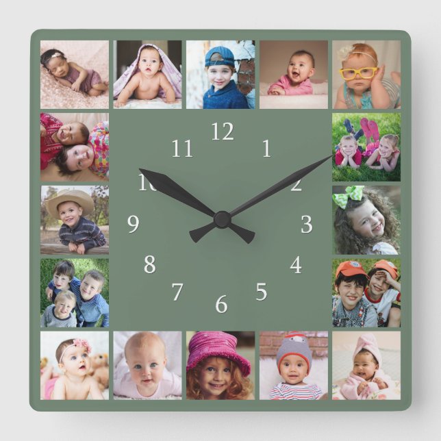 Horloge Carrée Create Your Own 16 Family Photo Collage  Green  (Recto)