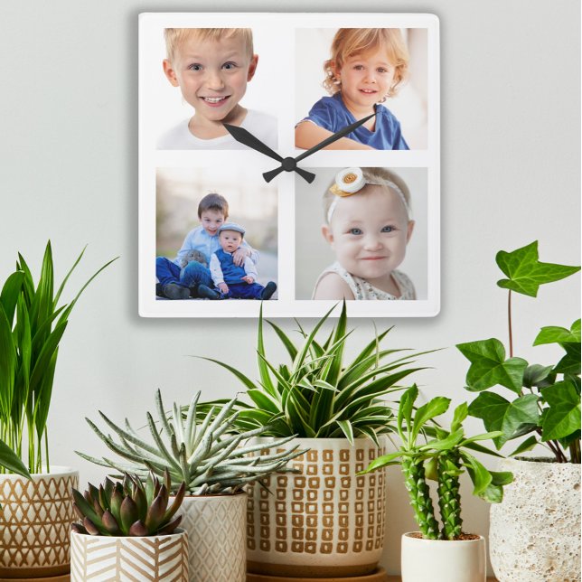 Horloge Carrée Create Your Own 4 Family Photo Collage Children (Custom 4-photo wall clock)