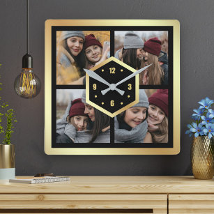 Horloge Carrée Create Your Own 4 Photo Collage Black and Gold