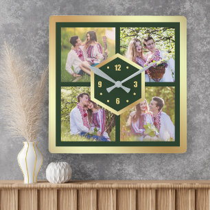 Horloge Carrée Create Your Own 4 Photo Collage Green and Gold
