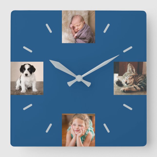 Horloge Carrée Create Your Own 4 Photo Modern Blue (Recto)