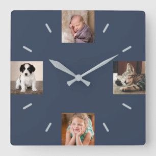 Horloge Carrée Create Your Own 4 Photo Modern Navy Blue