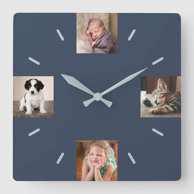 Horloge Carrée Create Your Own 4 Photo Modern Navy Blue (Recto)