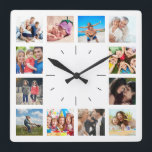 Horloge Carrée Create Your Own Custom 12 Photo Collage<br><div class="desc">Créez votre propre horloge murale 12 photo-collage personnalisée avec vos images personnalisées. Ajoutez vos photos, designs ou oeuvres d'art préférés pour créer quelque chose de vraiment unique. Pour modifier ce modèle de conception, cliquez sur "Modifier" et téléchargez votre propre image comme indiqué ci-dessus. Cliquez sur le bouton "Customiser" pour ajouter...</div>