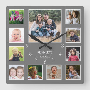 Horloge Carrée Create Your Own Family Nom Photo Collage Gray