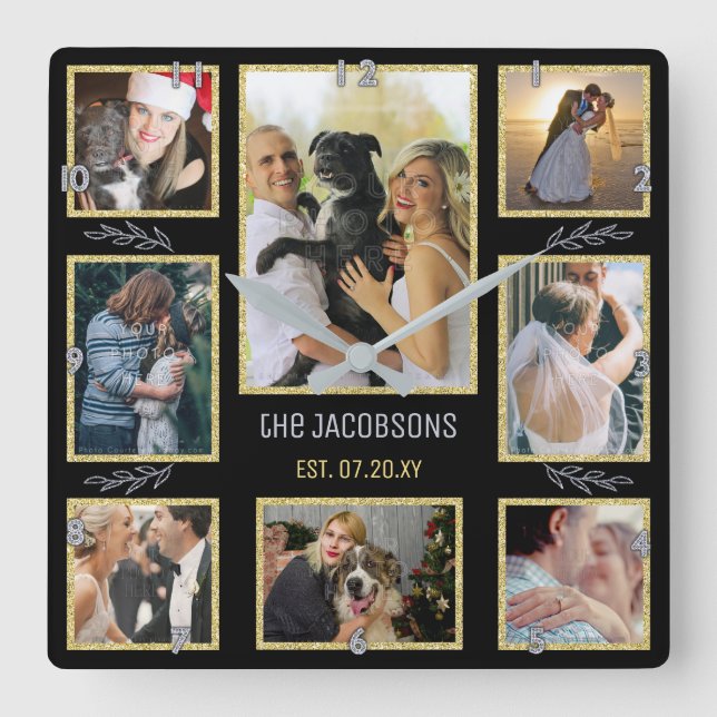 Horloge Carrée Create Your Own Family ou Wedding 8 Photo Collage (Recto)