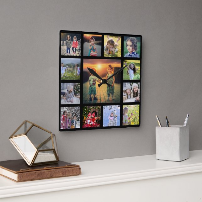 Horloge Carrée Create your own family photo collage black square (Bureau)