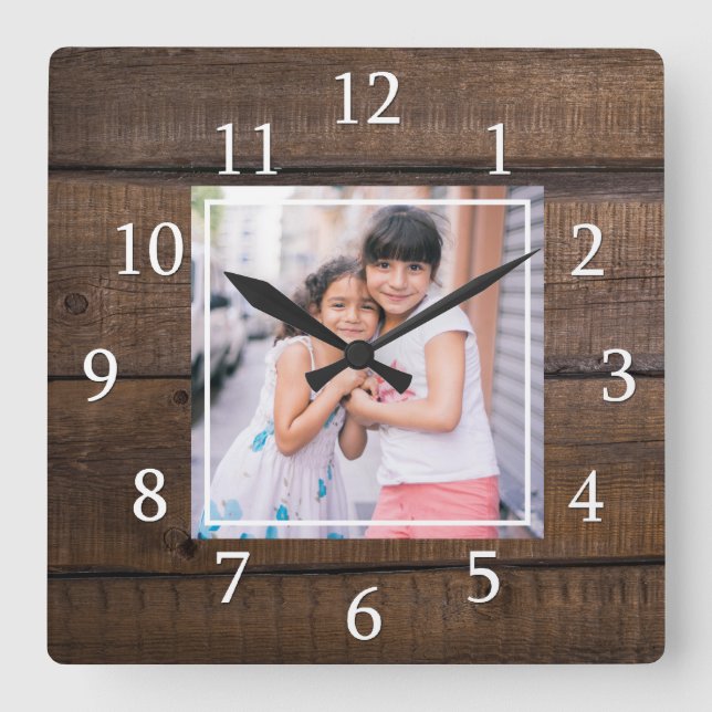 Horloge Carrée Create Your Own Photo Brown Wood (Recto)