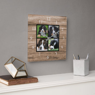 Horloge Carrée Create your own rustic wood family photo collage