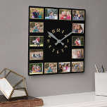 Horloge Carrée Créer 14 Photo Collage Gold Black Family Keepsaké<br><div class="desc">Créez votre propre script personnalisé, personnalisé, faux or et noir, élégant faux typographie or script de police, famille 14 photo collage keepsaké carré horloge murale. Pour customiser, ajoutez simplement quatorze de votre famille préférée / enfants / bébé / animaux de compagnie / couple / photos de mariage. Pendant que vous...</div>