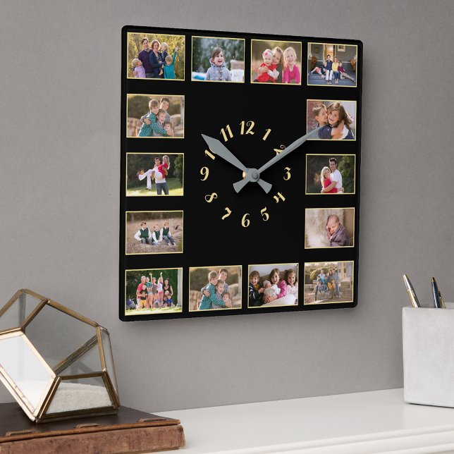 Horloge Carrée Créer un souvenir de famille en collage photo or n (Create 14 Photo Collage Gold Black Family Keepsake Square Wall Clock)