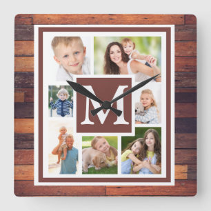 Horloge Carrée Créer Votre Collage Photo Monogramme en Bois Rusti