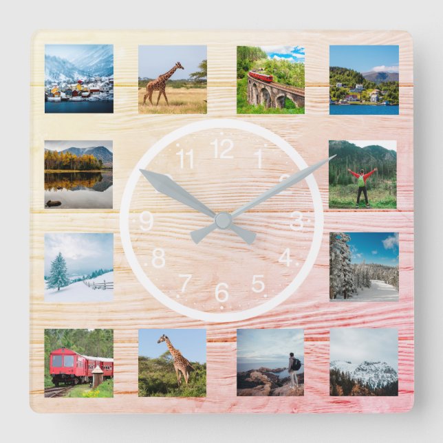Horloge Carrée Créez Votre Collage Photo Personnalisé Rustic Natu (Recto)