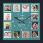 Horloge Carrée Créez votre propre 12 photo Collage Cadre Vert<br><div class="desc">Create your own photo collage wall clock with 12 of your favorite pictures. The photo frame clock helps you treasure your special moment and donc makes a thoughtful gift for parents, grandparents and friends. The personalized family clock makes it a perfect venin pour toutes les occasions. Personalize with family name...</div>