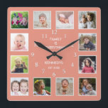Horloge Carrée Créez votre propre 12 photo Collage de cadre Peach<br><div class="desc">Create your own photo collage wall clock with 12 of your favorite pictures. The photo frame clock helps you treasure your special moment and donc makes a thoughtful gift for parents, grandparents and friends. The personalized family clock makes it a perfect venin pour toutes les occasions. Personalize with family name...</div>