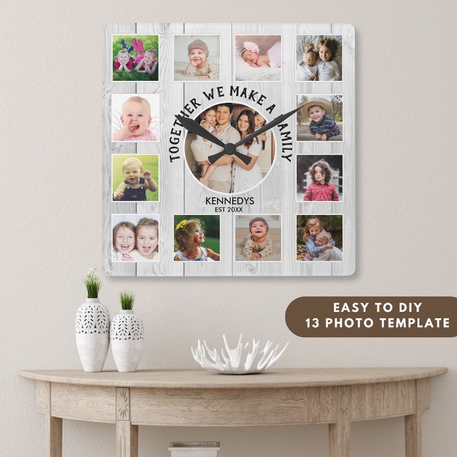 Horloge Carrée Créez votre propre 13 photo Collage Citation Bois  (13 Photo collage family quote rustic wood clock)