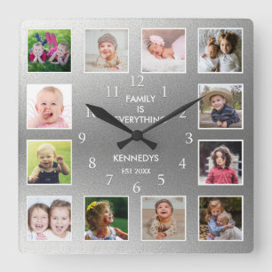 Horloge Carrée Créez votre propre cadre de 12 photos en argent
