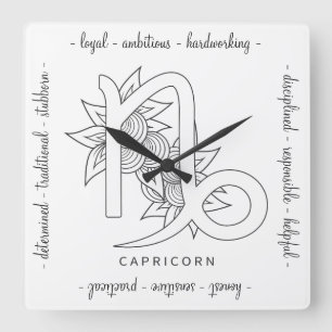 Horloge Carrée Créez votre propre Capricorne noir & blanc élégant