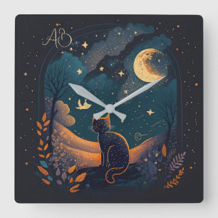 Horloge Carrée Créez votre propre chat Pittoresque Mysical Noir
