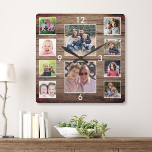 Horloge Carrée Créez Votre Propre Collage De 10 Photos En Bois Ru