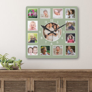Horloge Carrée Créez votre propre collage de 13 photos de famille