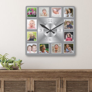Horloge Carrée Créez Votre Propre Collage Photo de Famille Argent