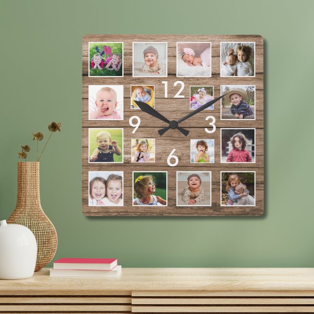 Horloge Carrée Créez votre propre collection de photos de famille (Create Your Own 16 Family Photo Collage Wood Square Wall Clock
)