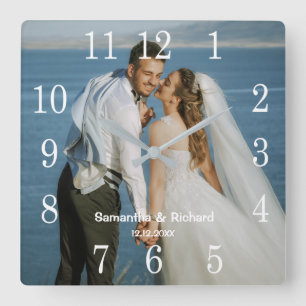 Horloge Carrée Créez Votre Propre Date de Photo de Mariage Nom du