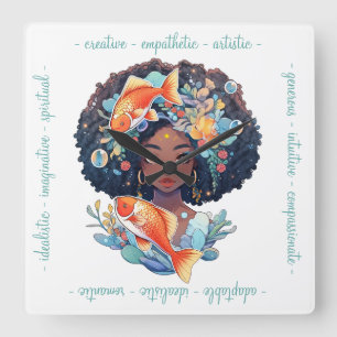 Horloge Carrée Créez Votre Propre Élégant Poisson en Noir et Blan