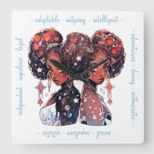 Horloge Carrée Créez Votre Propre Femme Afro-Américaine Gémeaux