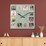 Horloge Carrée Créez votre propre page Green 12 Photo Collage Cit<br><div class="desc">Create your own photo collage wall clock with 12 of your favorite pictures. The photo frame clock helps you treasure your special moment and donc makes a thoughtful gift for parents, grandparents and friends. The personalized family clock makes it a perfect venin pour toutes les occasions. Personalize with family name...</div>