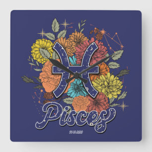 Horloge Carrée Créez votre propre pois floraux étoilés Zodiac