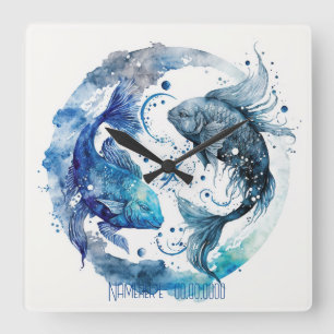Horloge Carrée Créez votre propre Zodiac de pois bleus et Turquoi