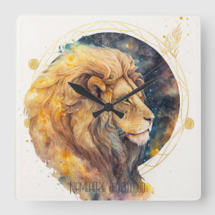 Horloge Carrée Créez votre propre Zodiac Gold & Blue Leo