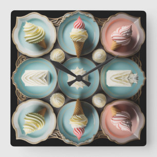 Horloge Carrée Crème glacée et gâteaux dans les assiettes