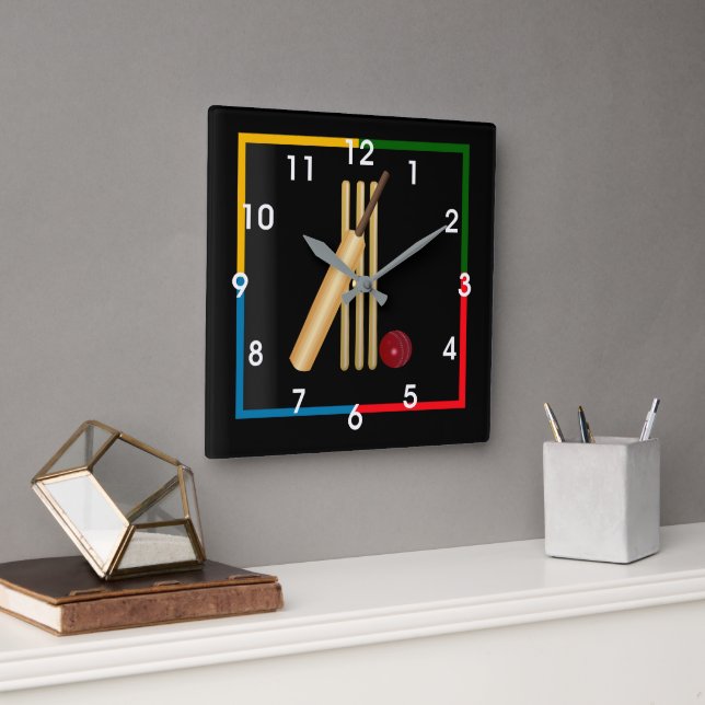 Horloge Carrée Cricket, guichet, batte et balle,  (Bureau)