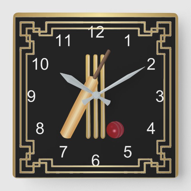 Horloge Carrée cricket, wicket, bat and ball with gold frame (Recto)