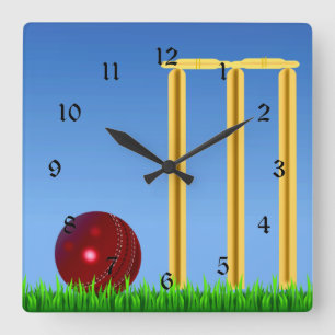 Horloge Carrée Cricket, wicket et ballon