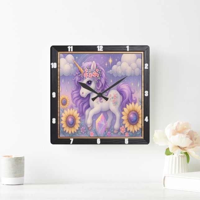 Horloge Carrée Cristal de tournesol Unicorne violet (Maison)